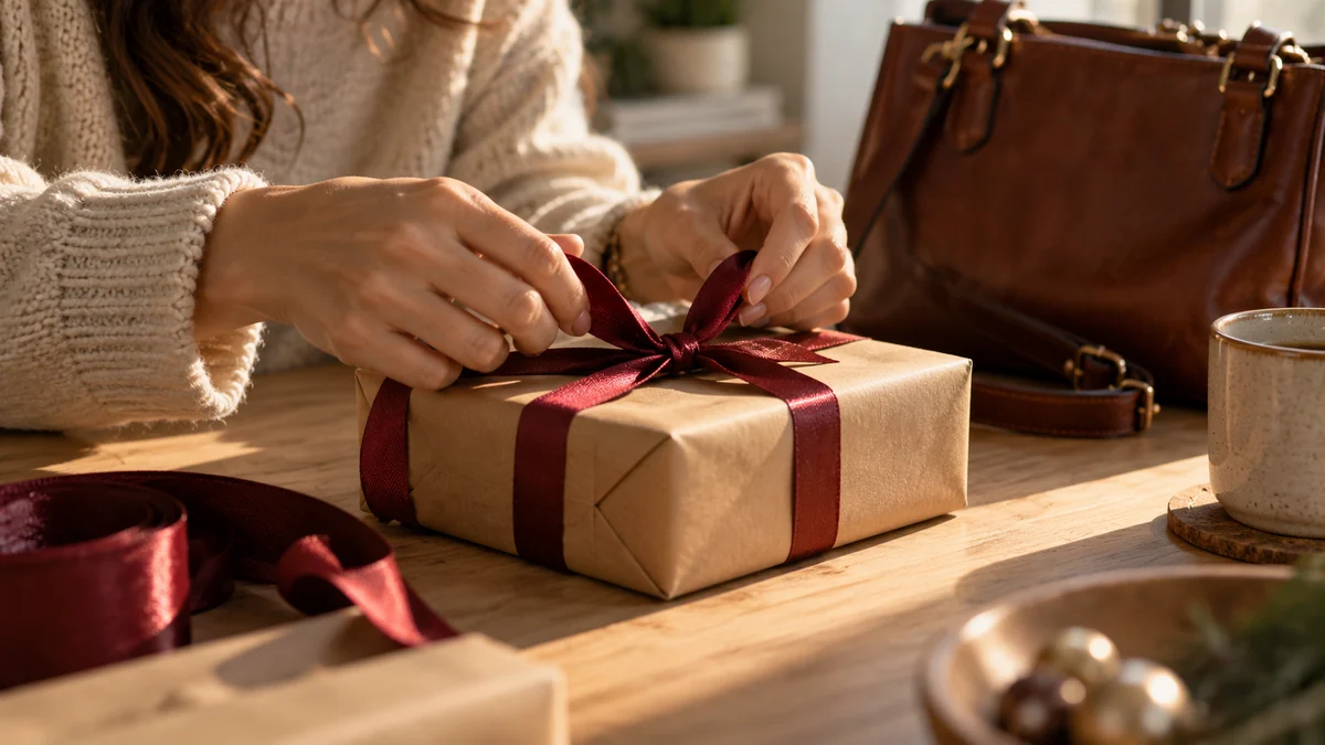Manos envolviendo un regalo con papel kraft y cinta