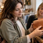 Mujer eligiendo un bolso en un comercio de ropa