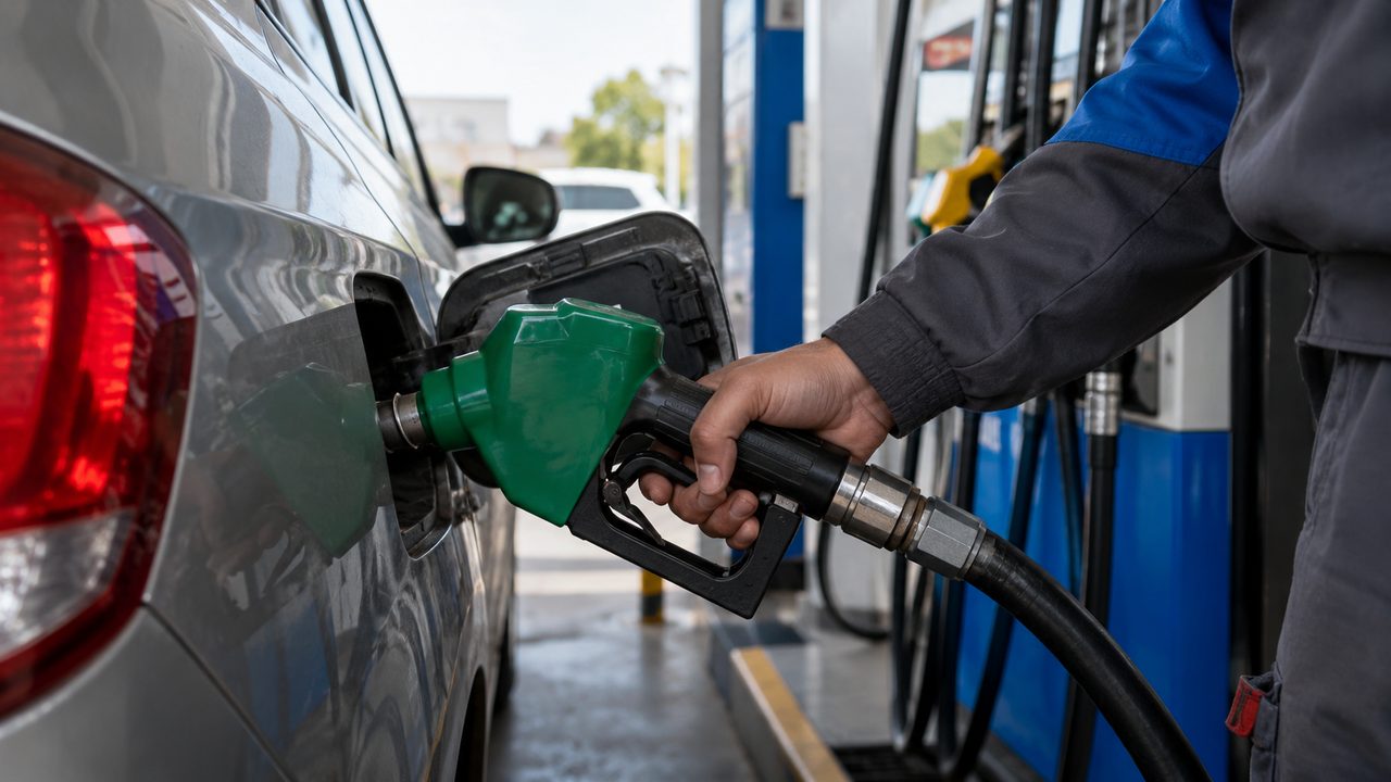 Primer plano de una manguera de combustible cargando nafta en un auto