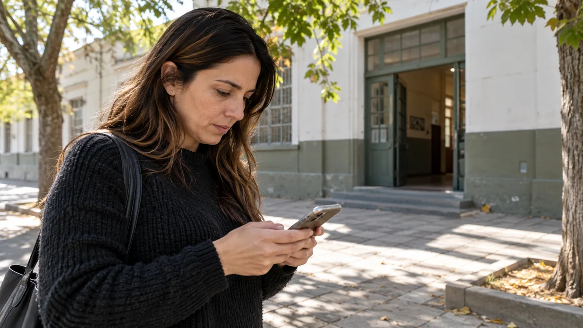 Paro de ate el jueves 15 de octubre: qué servicios podrían verse afectados en provincia de buenos aires 2 Mujer adulta consultando su teléfono frente a una escuela