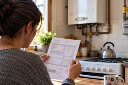 Mujer revisa factura de gas en una cocina, ilustración generada por infozona