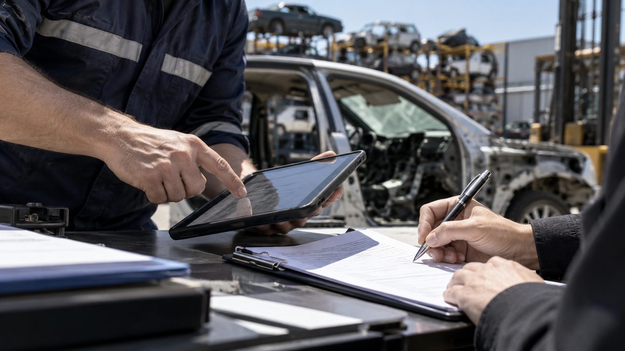 Registro automotor: la baja para desarme ya se hace 100% digital y cambia el trámite 2 Trabajador y cliente completando papeles para la baja de un auto en un desarmadero