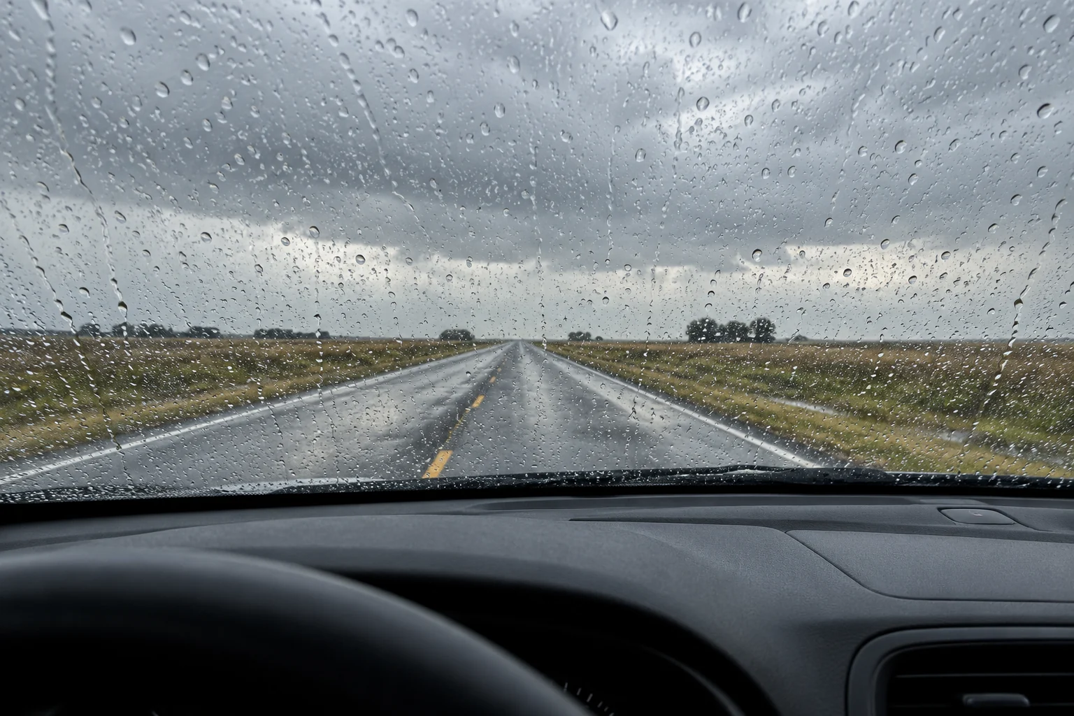 Tormentas del miércoles en la provincia: qué preparar en casa y qué revisar antes de viajar 2 Gotas en el parabrisas frente a una ruta del interior bonaerense