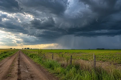 Nubes de tormenta y cortina de lluvia sobre el paisaje pampeano