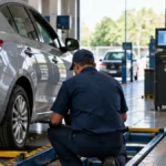 Técnico revisa un automóvil durante la inspección vehicular